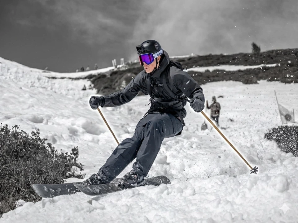 skieur avec batons en bambou